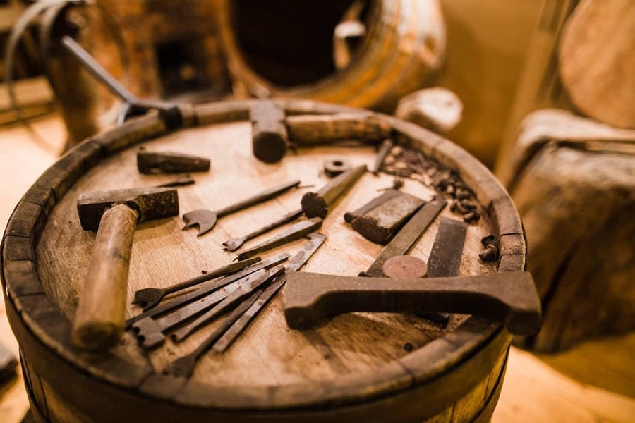 old tools on the wood barrel at 'Domaine Hatzimichalis' winery